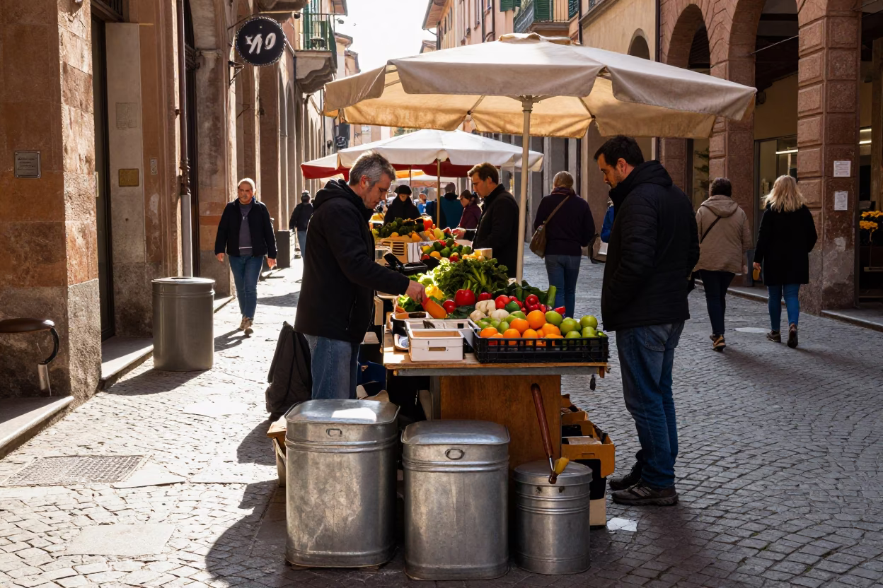 Busy Bologna Street Scene with Storage Tins and Brushed Steel at Midday in in Bologna, Italy