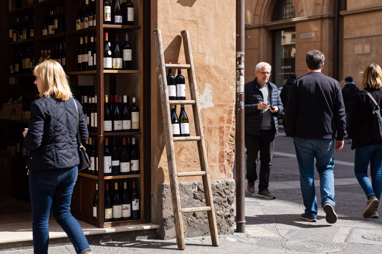 Busy Bologna Street Scene with Wine Shop Ladder and Local Interaction in in Bologna, Italy