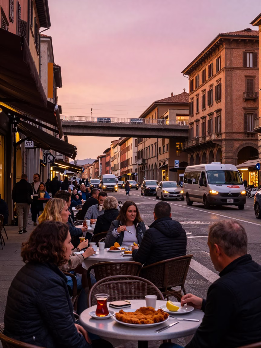 Busy Bologna Sunset Street Scene with Highway Flyover and Local Diners in in Bologna, Italy
