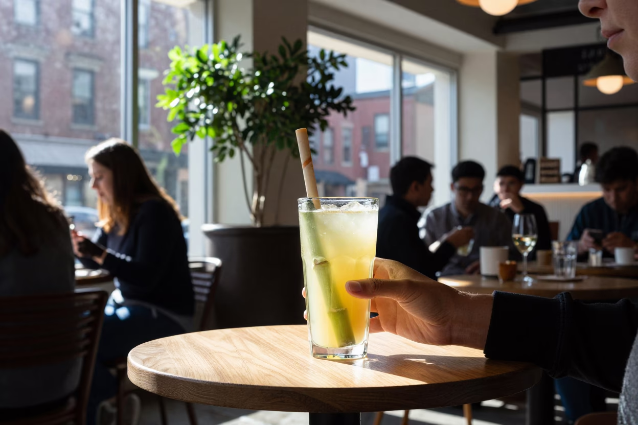 Busy Boston Cafe Interior with Houseplant and Sugarcane Juice at Midday in in Boston, Massachusetts, United States