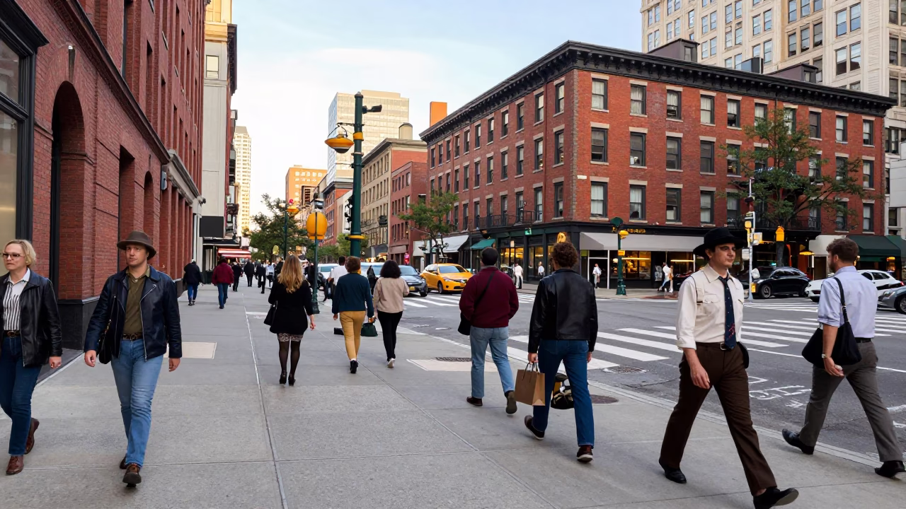 Busy Boston Downtown Crossing Sidewalk Street Scene Early Afternoon 1970s Realism in in Boston, Massachusetts, United States