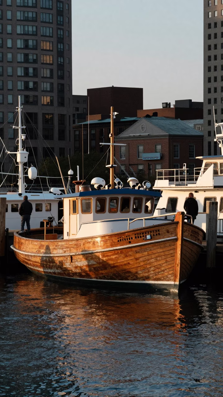 Busy Boston Harbor Late Afternoon Wooden Lobster Boat and Condensation on Doorframe in in Boston, Massachusetts, United States