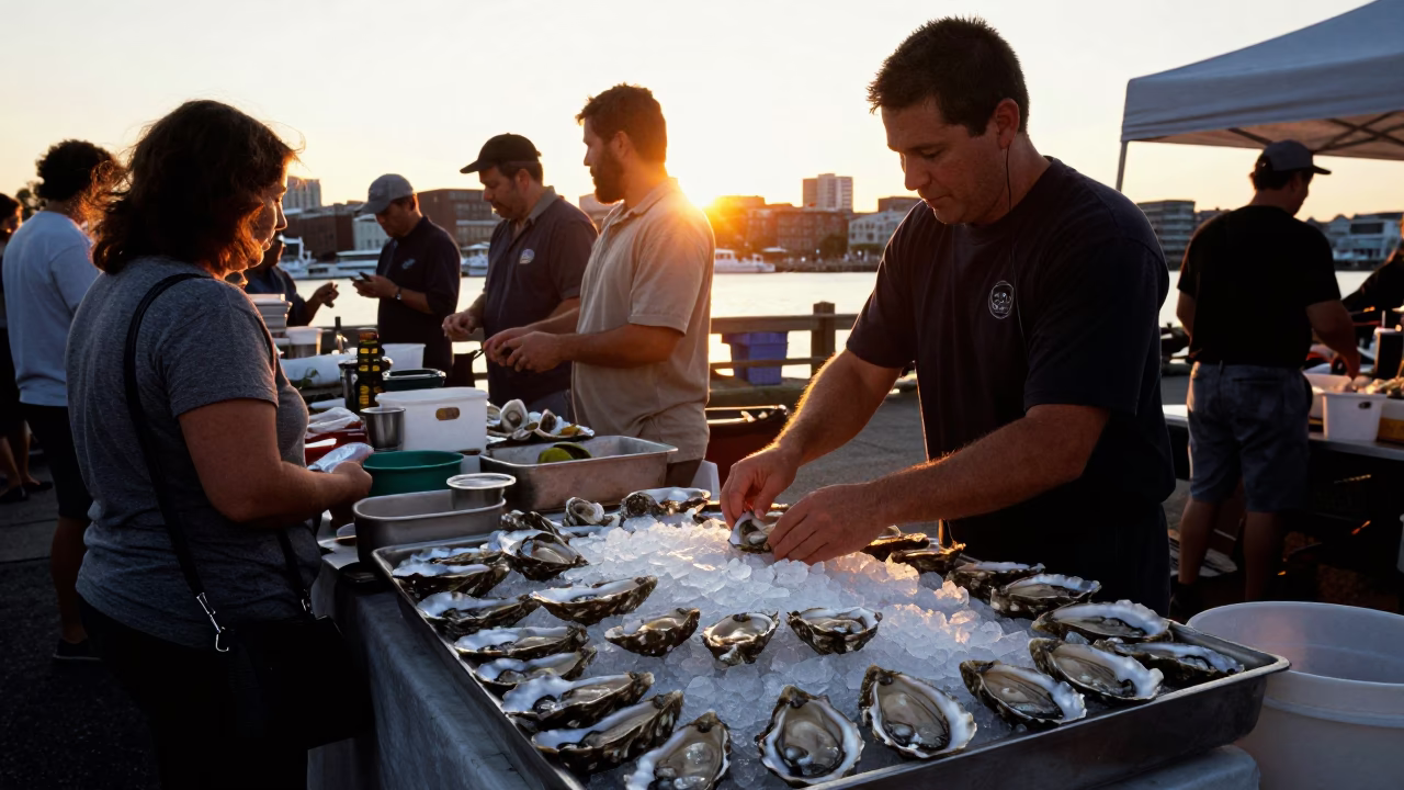 Busy Boston Harbor Sunset Scene with Fresh Oysters on Ice and Local Street Life in in Boston, Massachusetts, United States