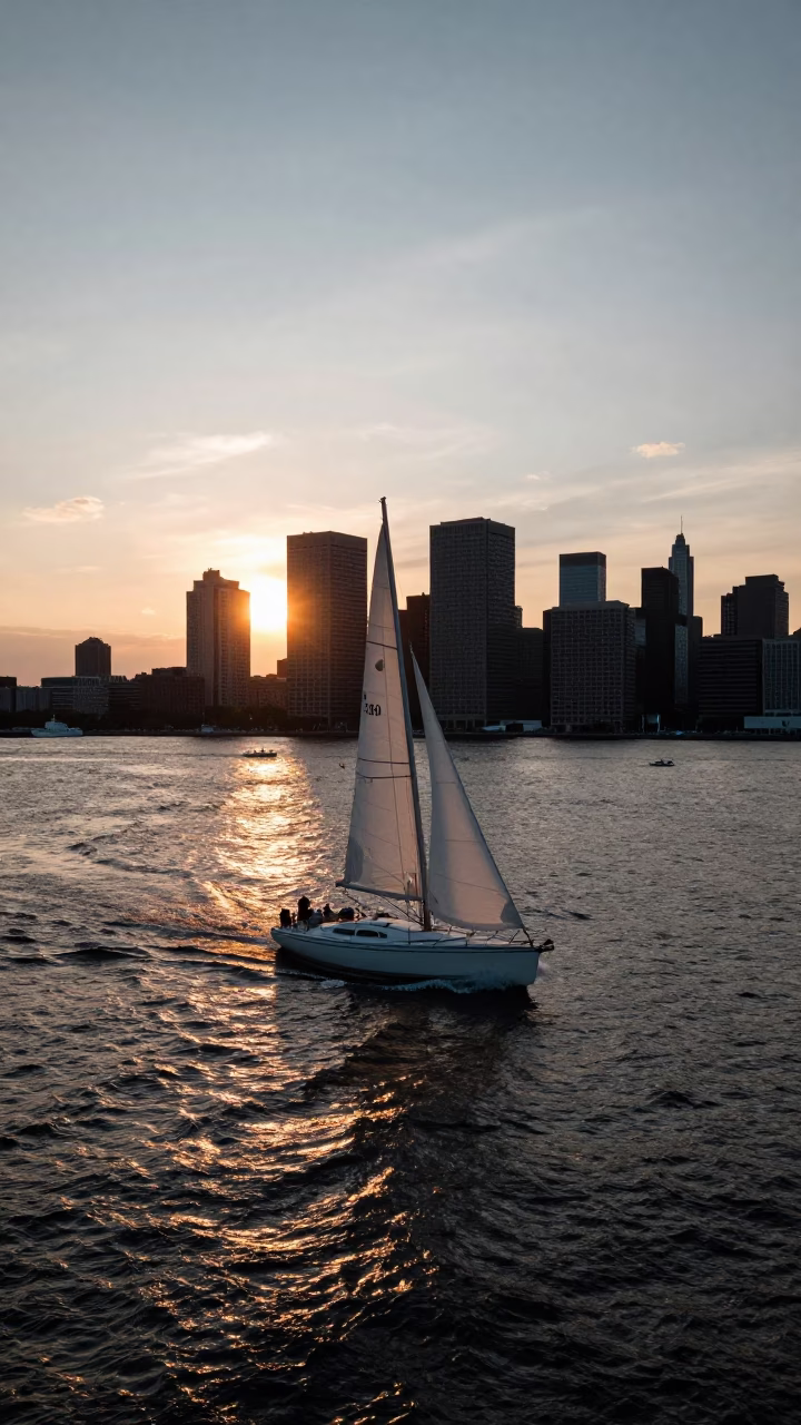 Busy Boston Harbor Sunset Scene with Sailboat Tacking into Headwind in in Boston, Massachusetts, United States