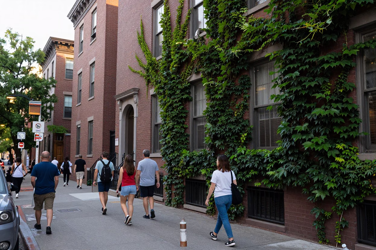 Busy Boston Late Afternoon Street Scene with Ivy Vines and Urban Architecture in in Boston, Massachusetts, United States