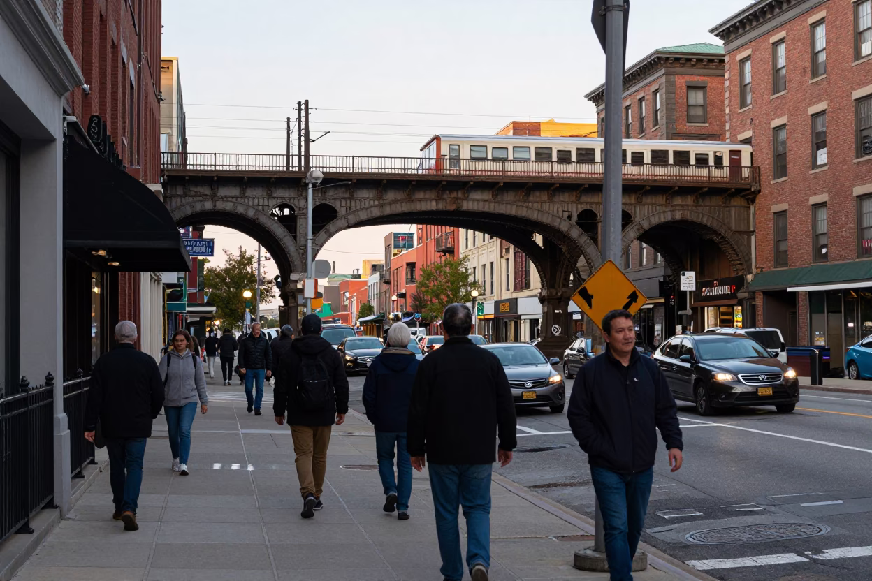 Busy Boston Late Afternoon Street Scene with Railway Viaduct and Urban Details in in Boston, Massachusetts, United States