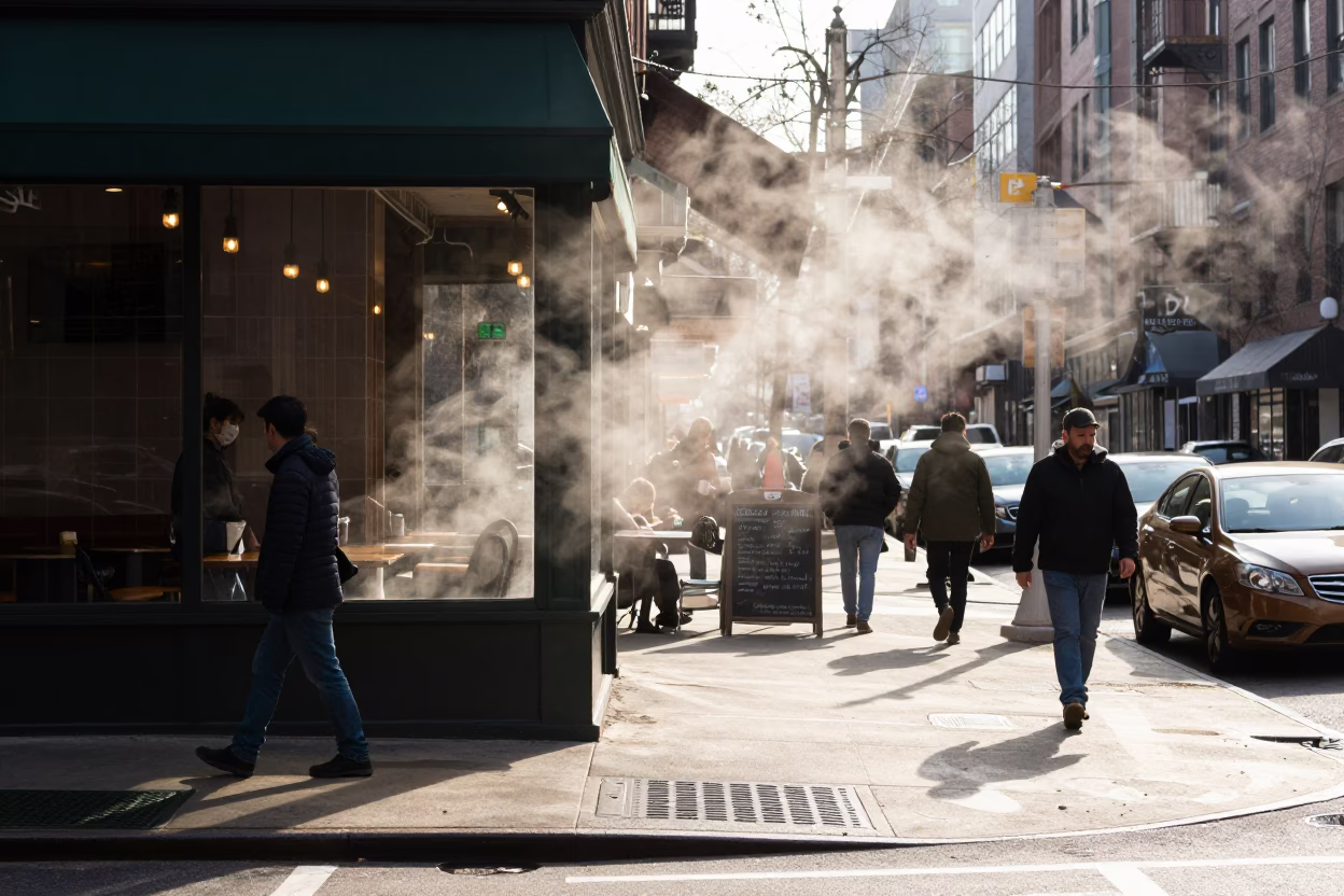 Busy Boston Late Morning Street Scene with Steam Haze and Local Activity in in Boston, Massachusetts, United States