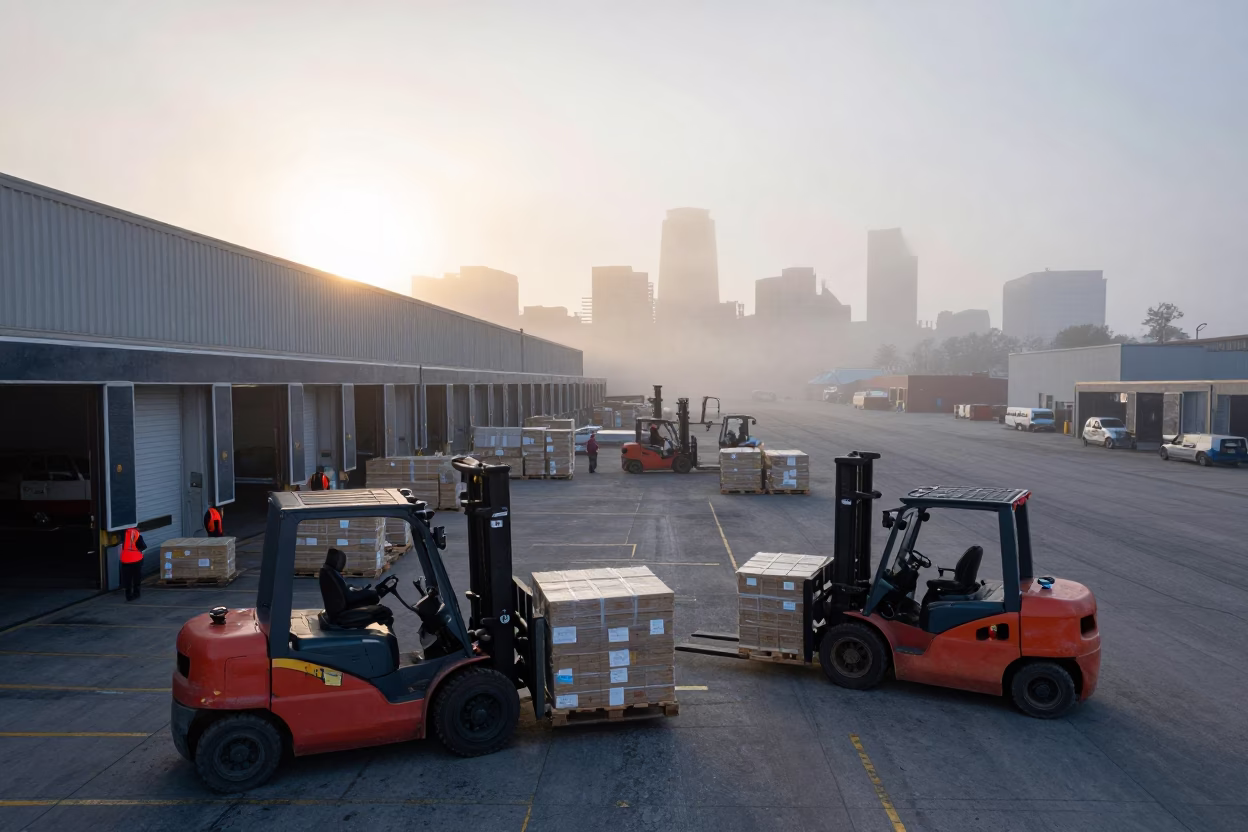 Busy Boston Loading Dock Scene with Forklifts and Industrial Activity at Dawn in in Boston, Massachusetts, United States