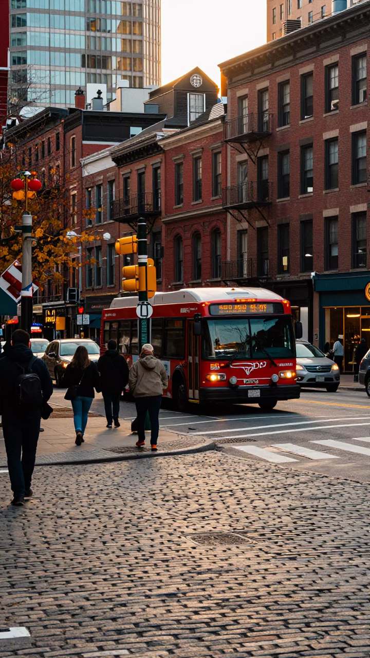 Busy Boston Street Corner at Golden Hour with Urban Life and Local Details in in Boston, Massachusetts, United States