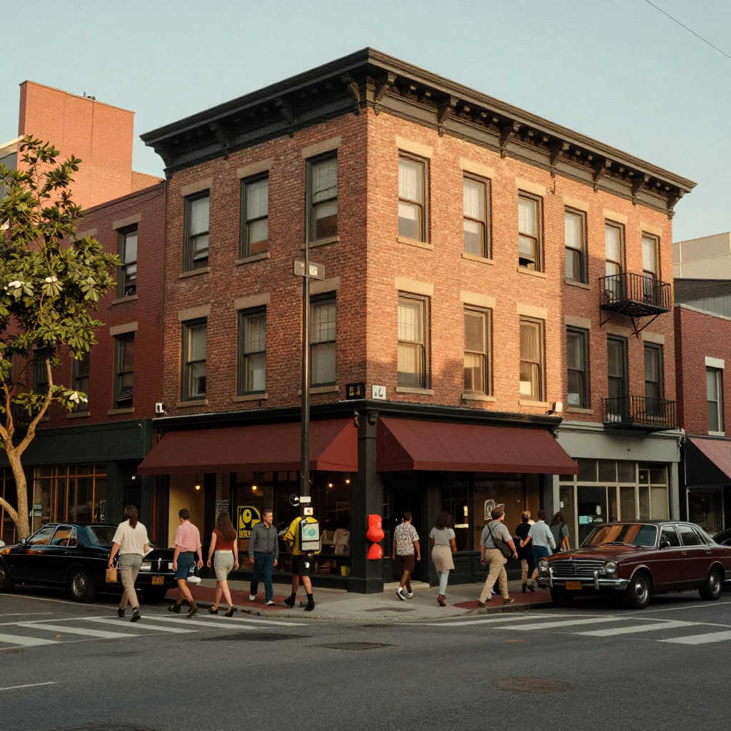 Busy Boston Street Corner at Golden Hour with Vintage 1970s Atmosphere in in Boston, Massachusetts, United States