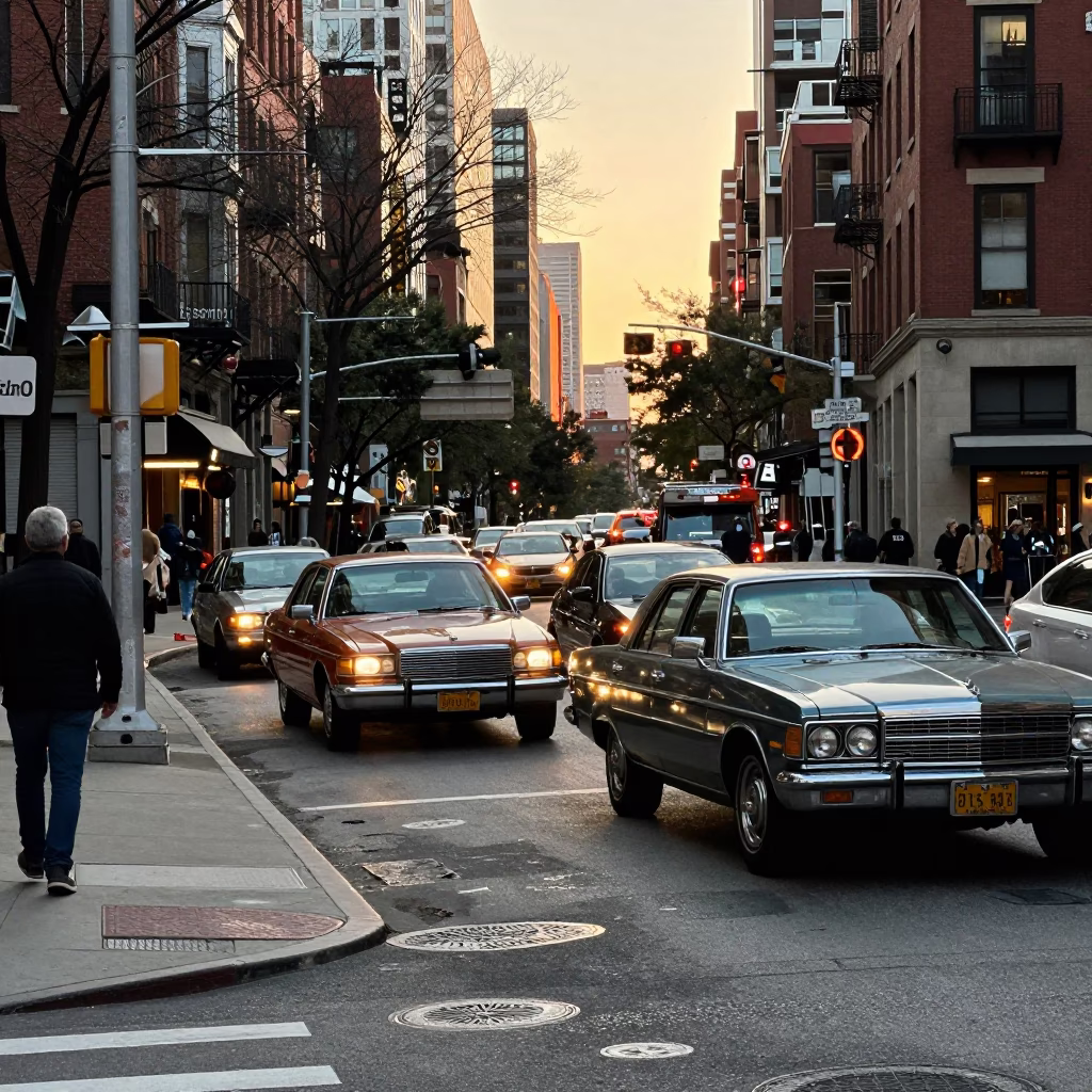 Busy Boston Street Corner at Golden Hour with Vintage Cars and Pedestrians in Massachusetts in in Boston, Massachusetts, United States