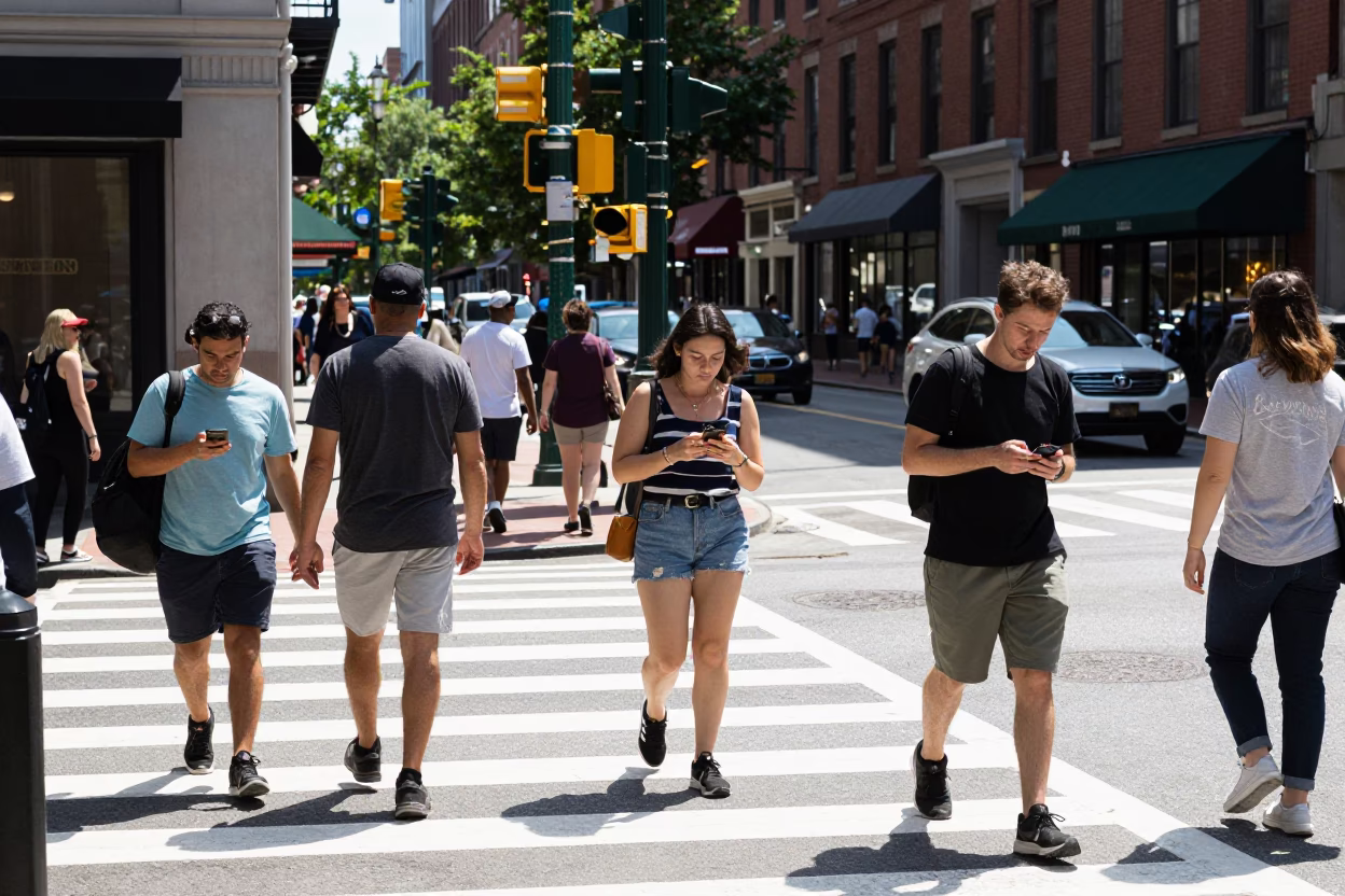 Busy Boston Street Corner at Midday with Pedestrians and Urban Architecture in in Boston, Massachusetts, United States