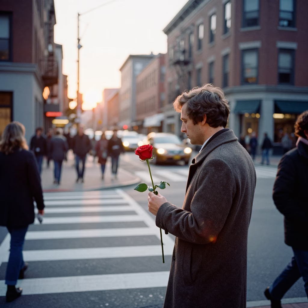 Busy Boston Street Corner at Sunrise with Red Rose and Wet Asphalt in in Boston, Massachusetts, United States