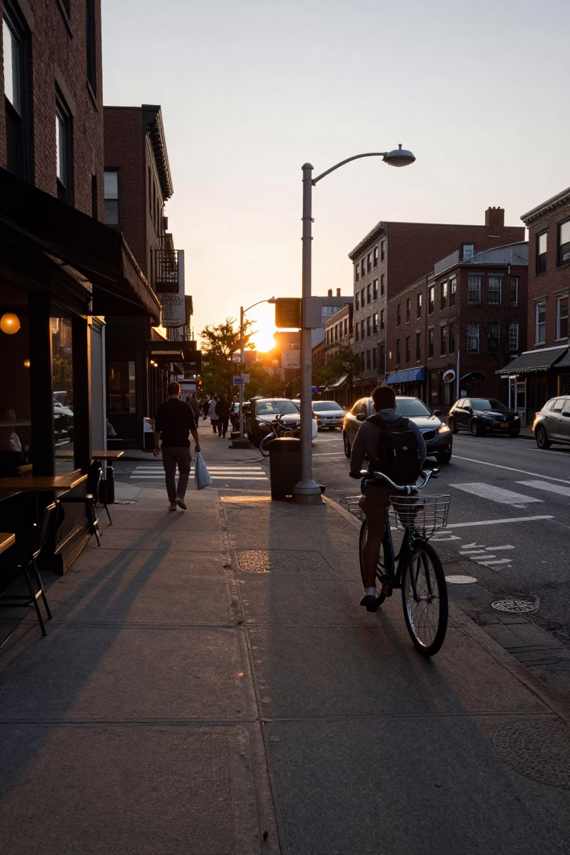Busy Boston Street Corner at Sunset with Bicycle and Urban Life in in Boston, Massachusetts, United States