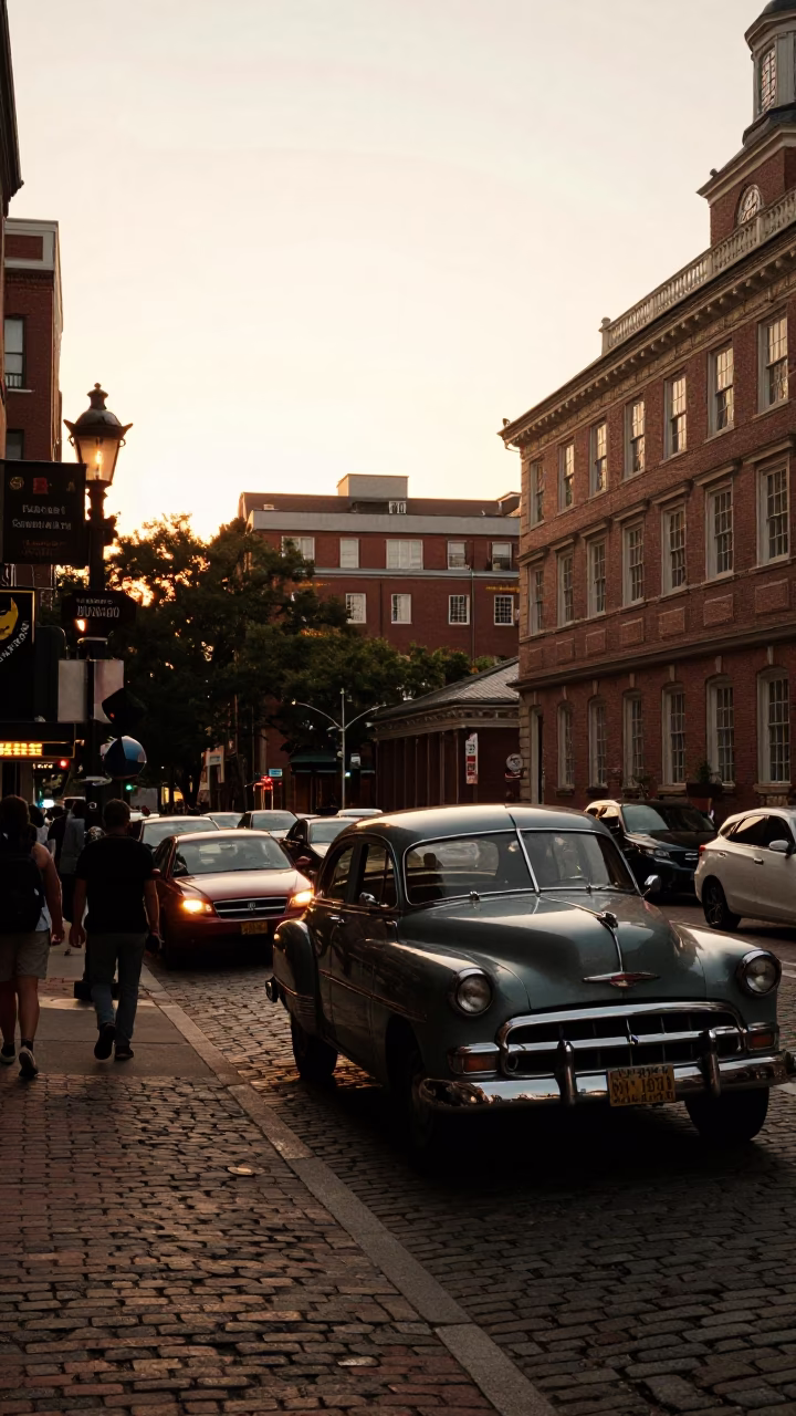 Busy Boston Street Corner at Sunset with Vintage Cars and Pedestrians Near Faneuil Hall in in Boston, Massachusetts, United States
