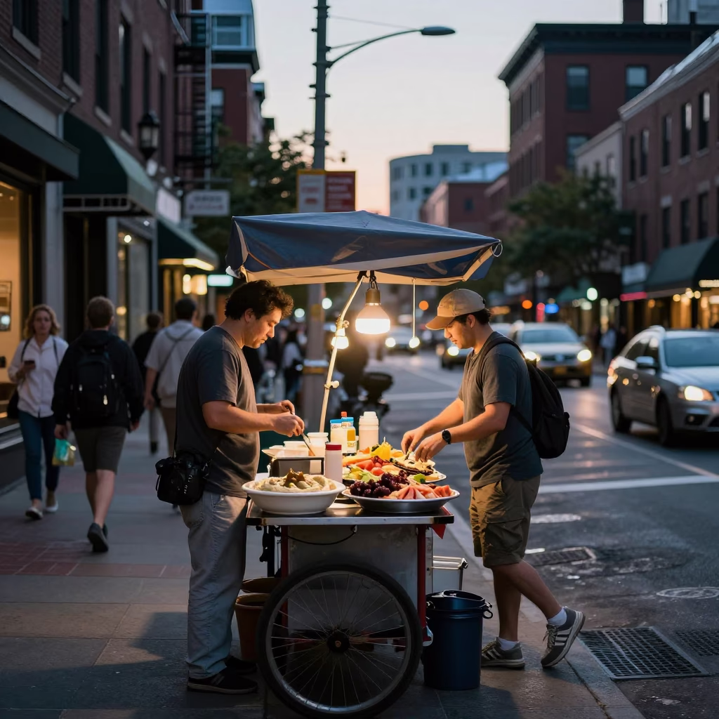Busy Boston Street Corner Early Evening Scene with Food and City Life in in Boston, Massachusetts, United States
