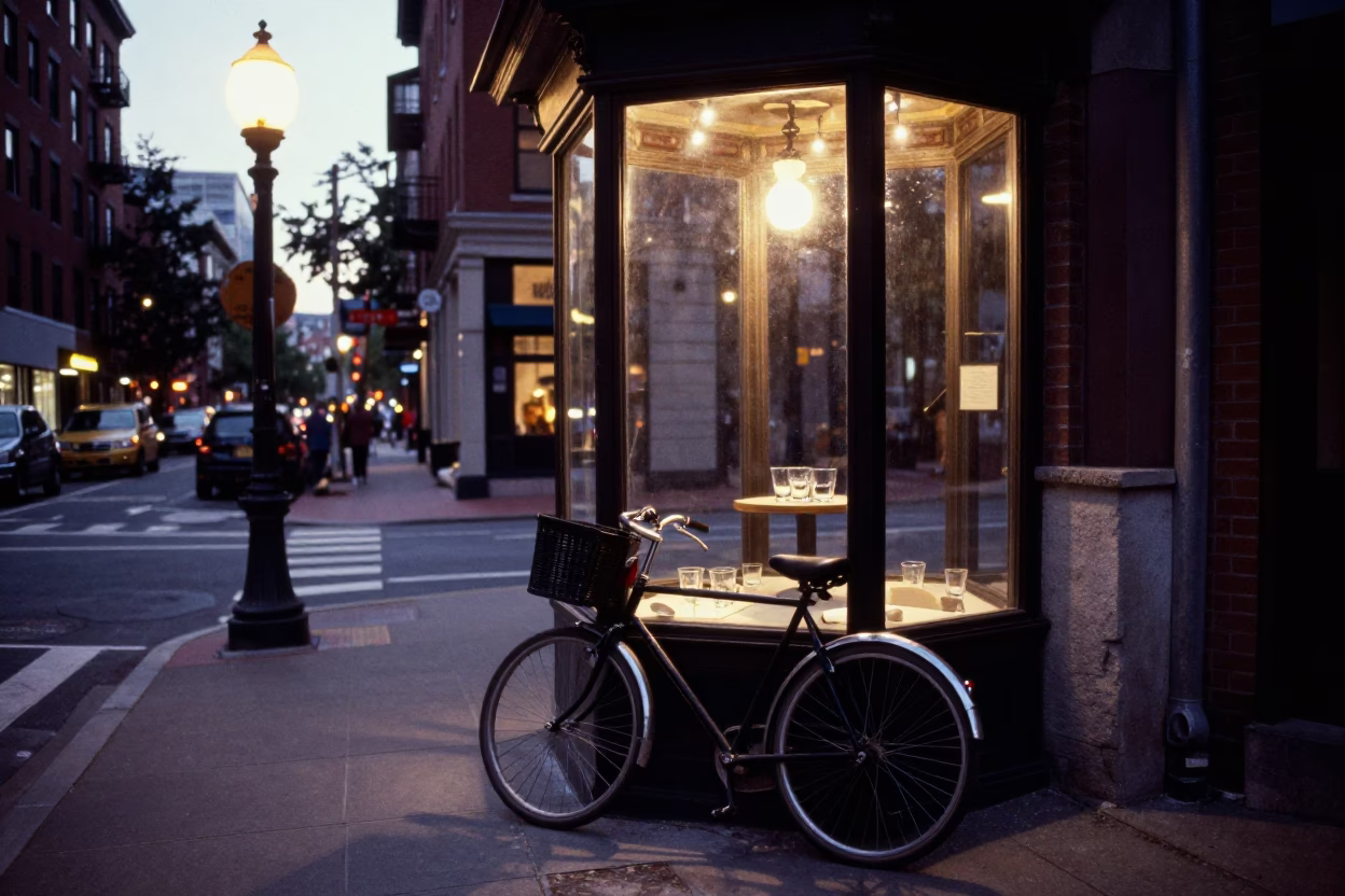 Busy Boston Street Corner Early Evening with Vintage Bicycle and Glass Tumblers in Window in in Boston, Massachusetts, United States