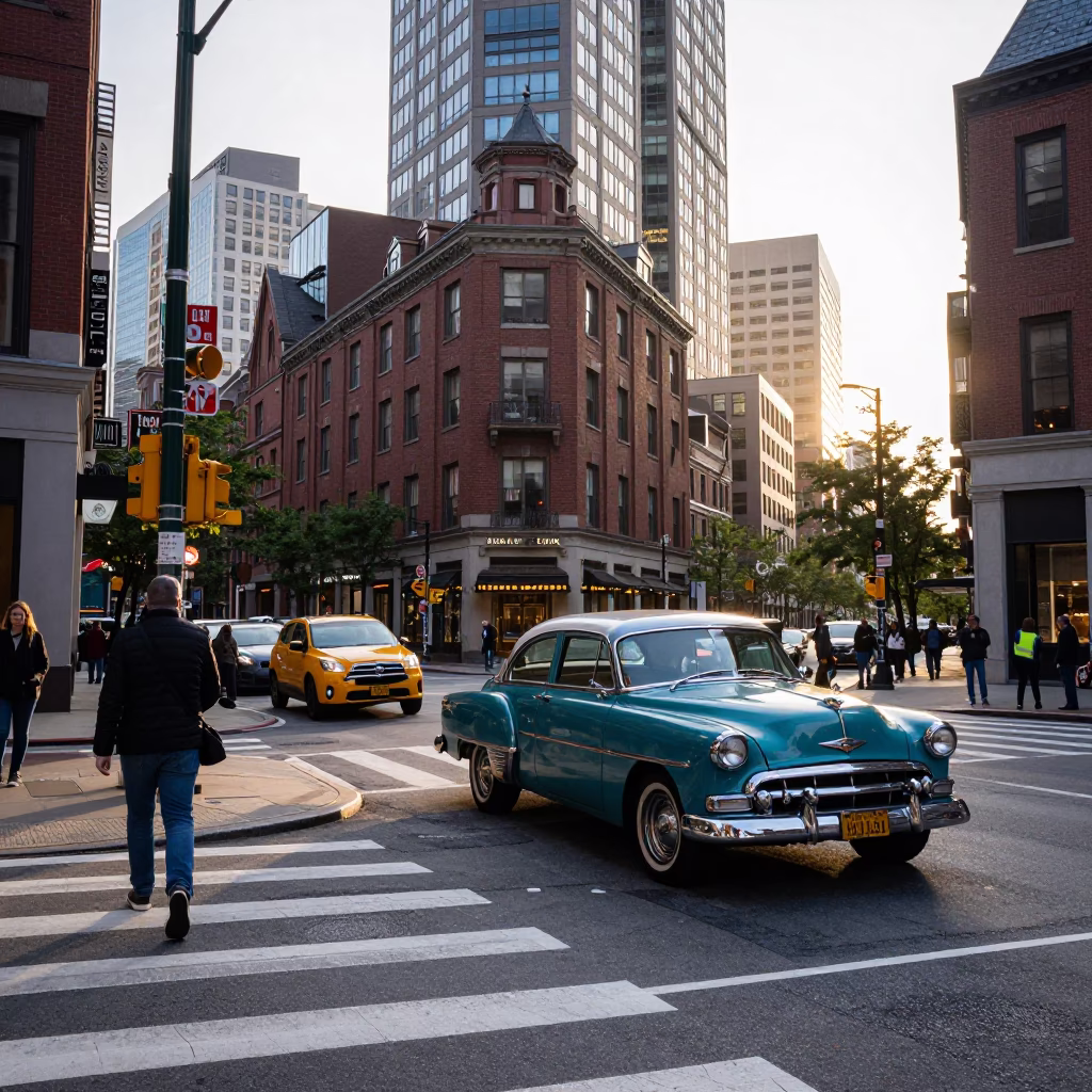 Busy Boston Street Corner in Early Morning Light with Vintage 1950s Atmosphere in in Boston, Massachusetts, United States