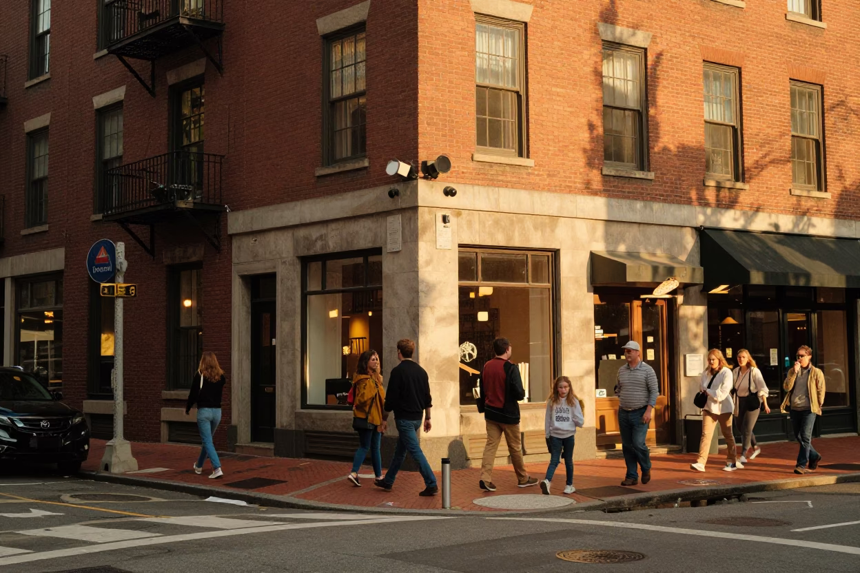 Busy Boston Street Corner in Honeyed Evening Light with Local Interaction in in Boston, Massachusetts, United States