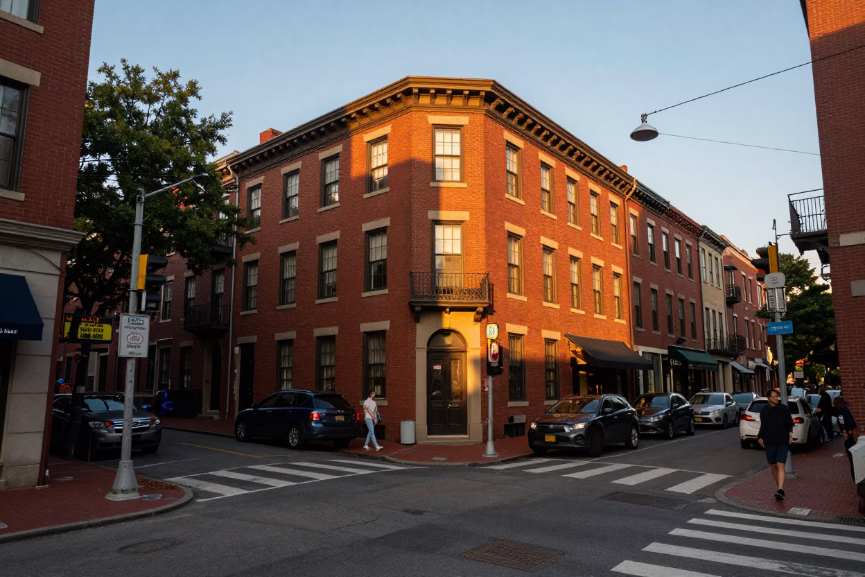Busy Boston Street Corner in Honeyed Evening Light with Pigeons and Wicker Shadows in in Boston, Massachusetts, United States