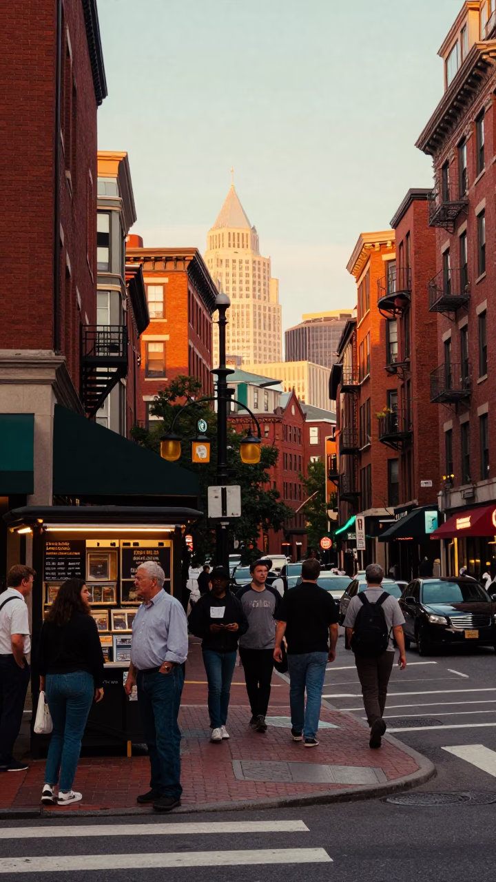 Busy Boston Street Corner in Honeyed Evening Light with Urban Details and Local Life in in Boston, Massachusetts, United States