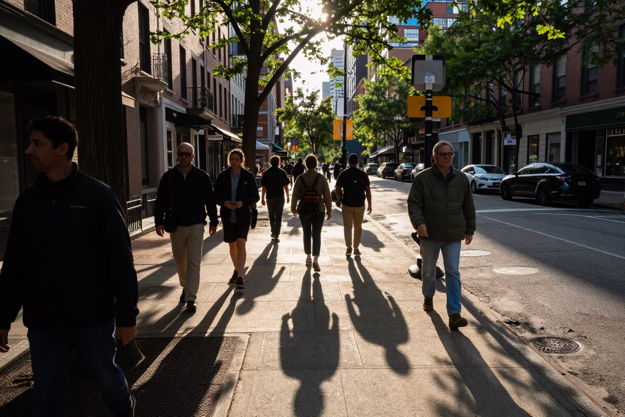 Busy Boston Street Corner Late Afternoon with Tree Shadows and Urban Pedestrians in in Boston, Massachusetts, United States
