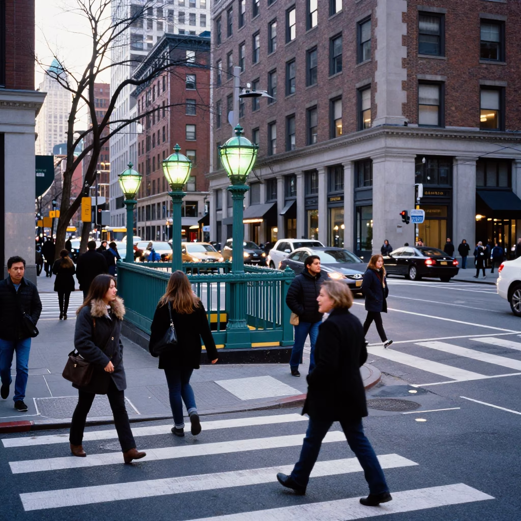 Busy Boston Street Corner Late Morning Commuters and Urban Life in in Boston, Massachusetts, United States