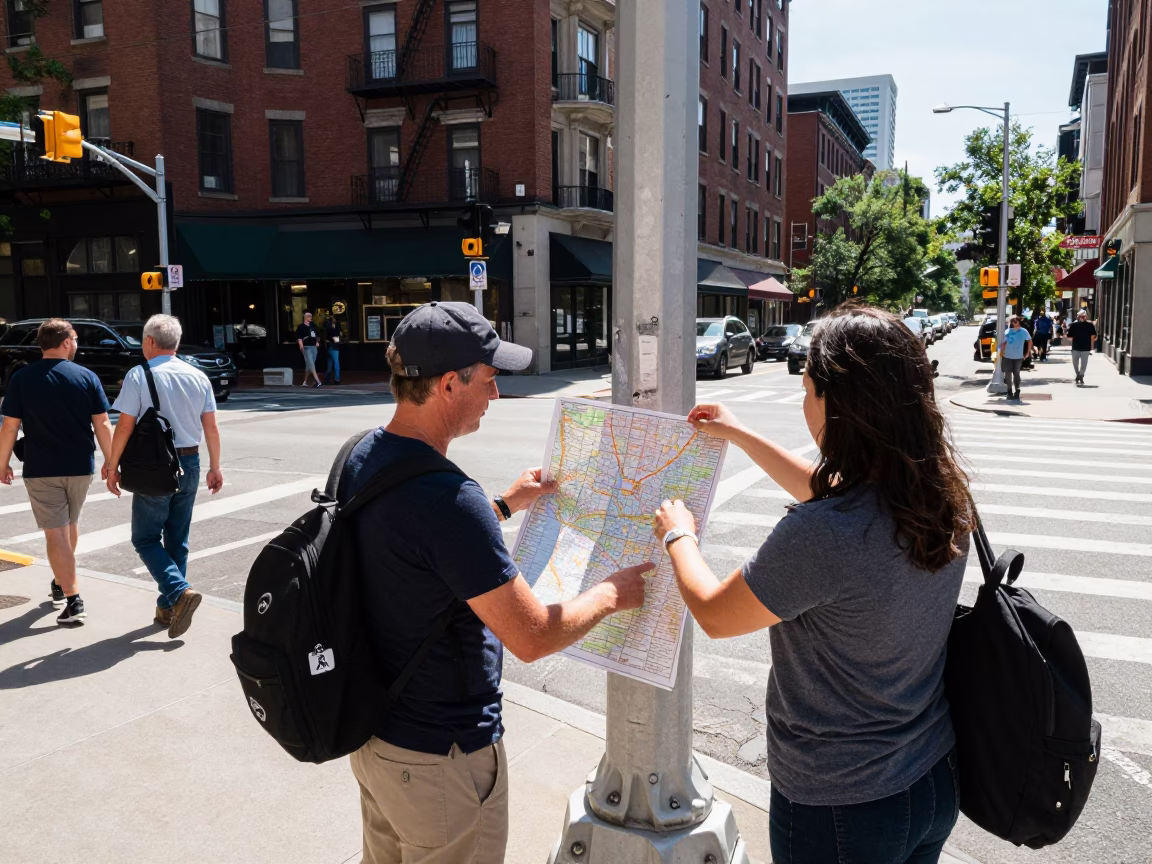 Busy Boston Street Corner Noon Light with Teacher and Corkboard in Massachusetts in in Boston, Massachusetts, United States