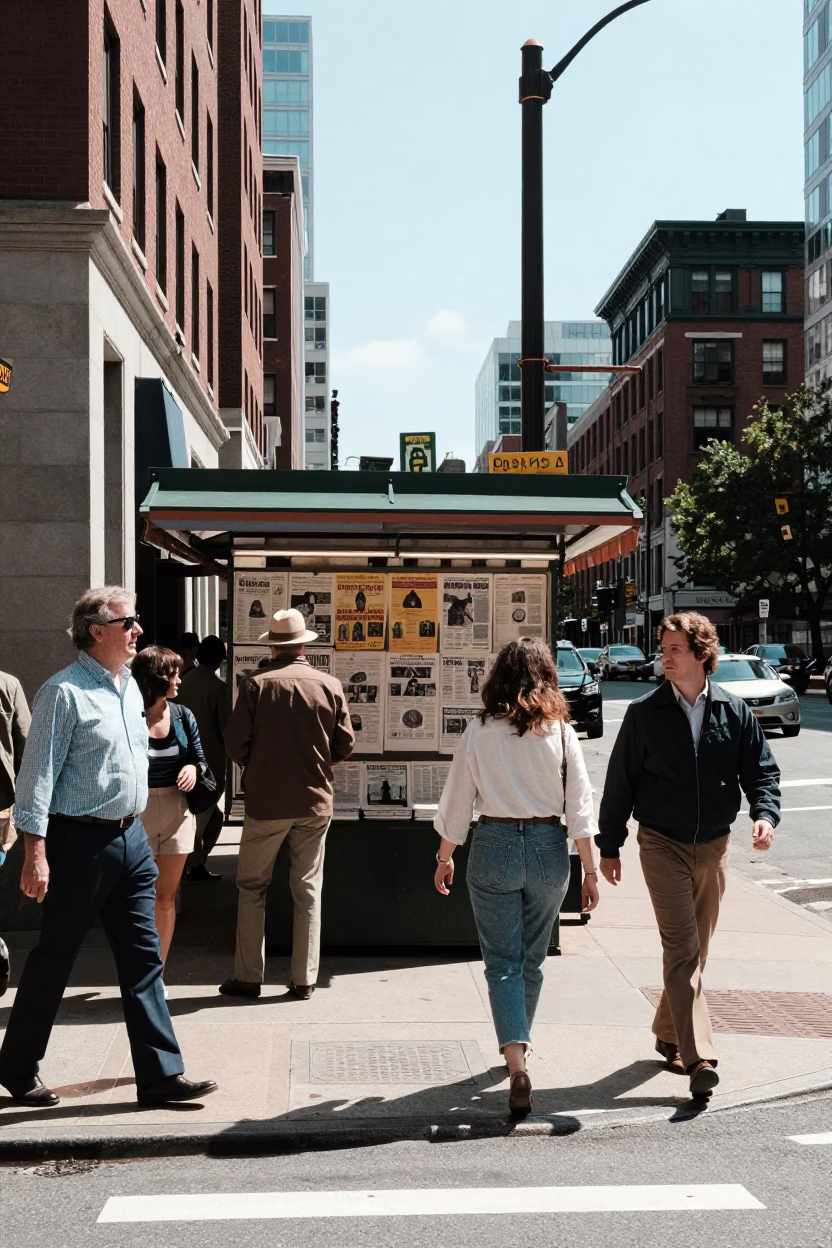 Busy Boston Street Corner Noon with Pedestrians and Local Shop Details in in Boston, Massachusetts, United States