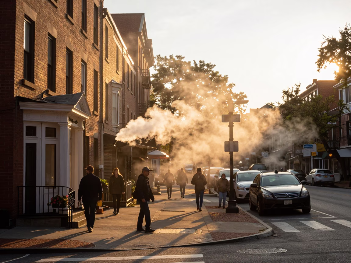 Busy Boston Street Corner Sunset with Steam Haze and Striped Fabric in in Boston, Massachusetts, United States