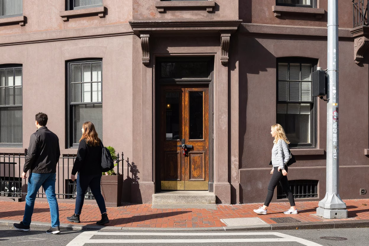 Busy Boston Street Corner with Deadbolt Door and Chili Peppers in Bright Midmorning Light in in Boston, Massachusetts, United States