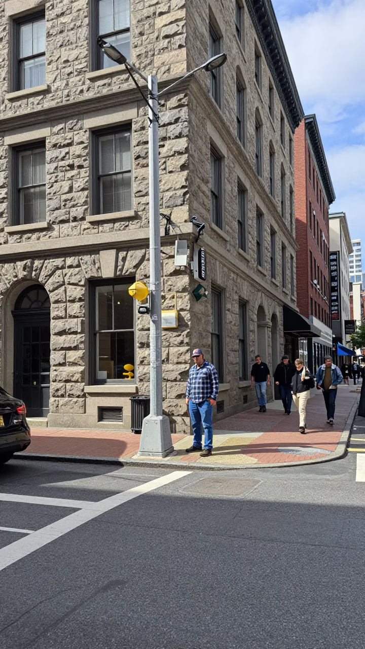 Busy Boston Street Corner with Stone Buildings and Urban Details in in Boston, Massachusetts, United States