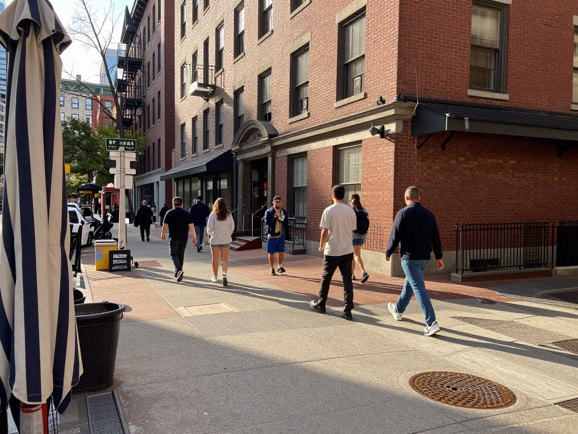 Busy Boston Street Corner with Striped Fabric and Casual Conversation in in Boston, Massachusetts, United States