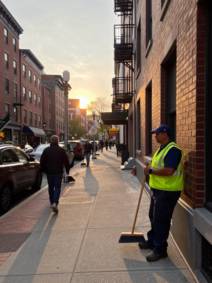 Busy Boston Street Scene After Sunrise with Brooms and Urban Activity in in Boston, Massachusetts, United States