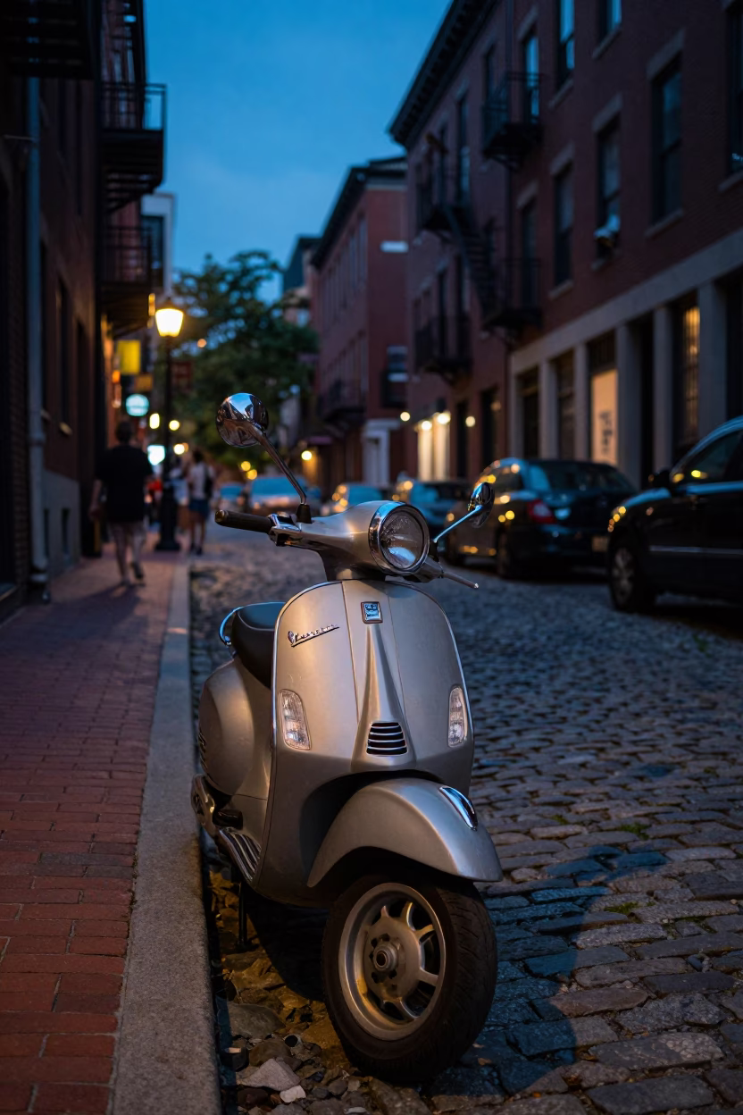 Busy Boston Street Scene at Blue Hour with Vintage Vespa and Cobblestone Lane Details in in Boston, Massachusetts, United States