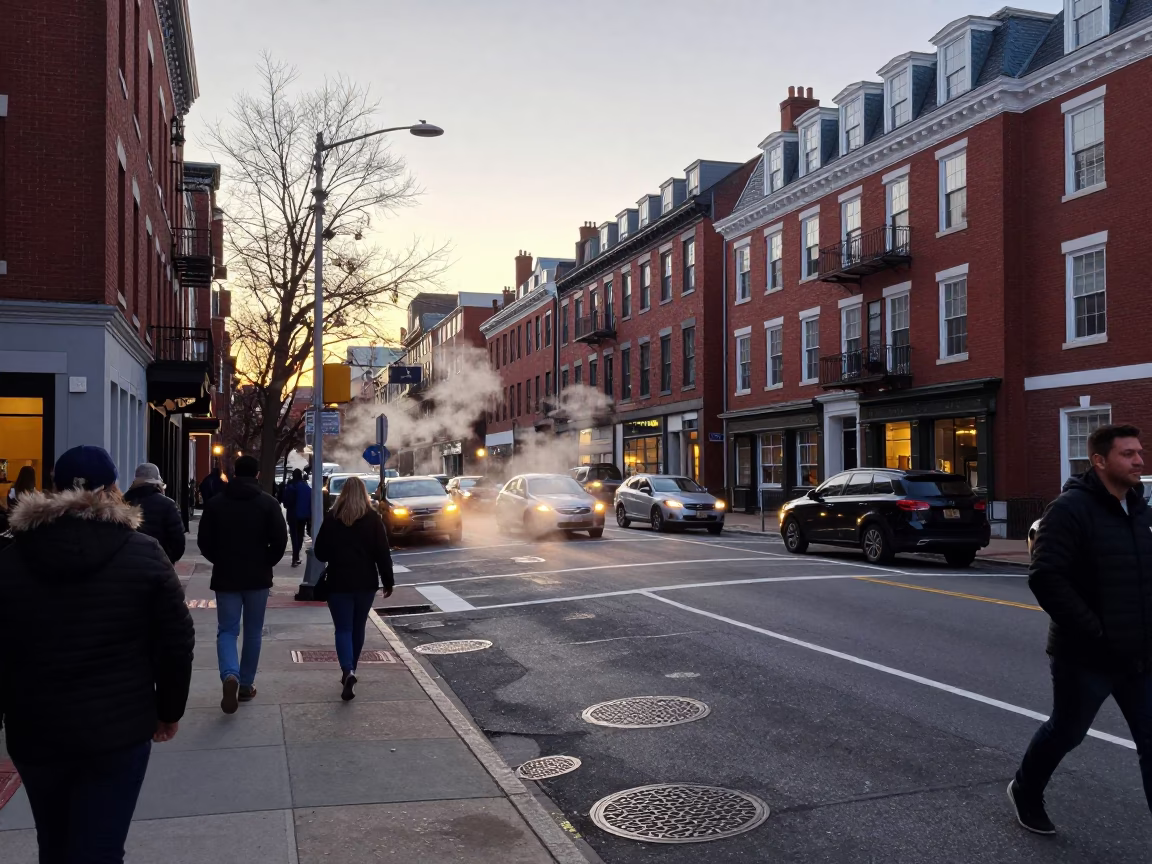 Busy Boston Street Scene at Dawn with Pedestrians and Brick Architecture in in Boston, Massachusetts, United States