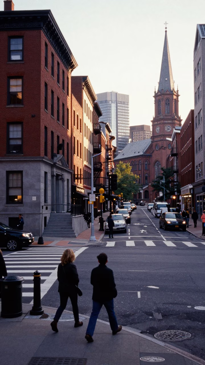 Busy Boston Street Scene at First Light with Commuters and Urban Architecture in in Boston, Massachusetts, United States