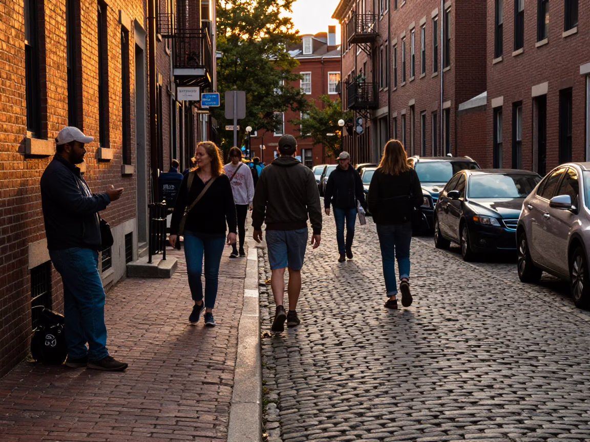 Busy Boston Street Scene at Sunset with Cobblestones and Pedestrians in in Boston, Massachusetts, United States