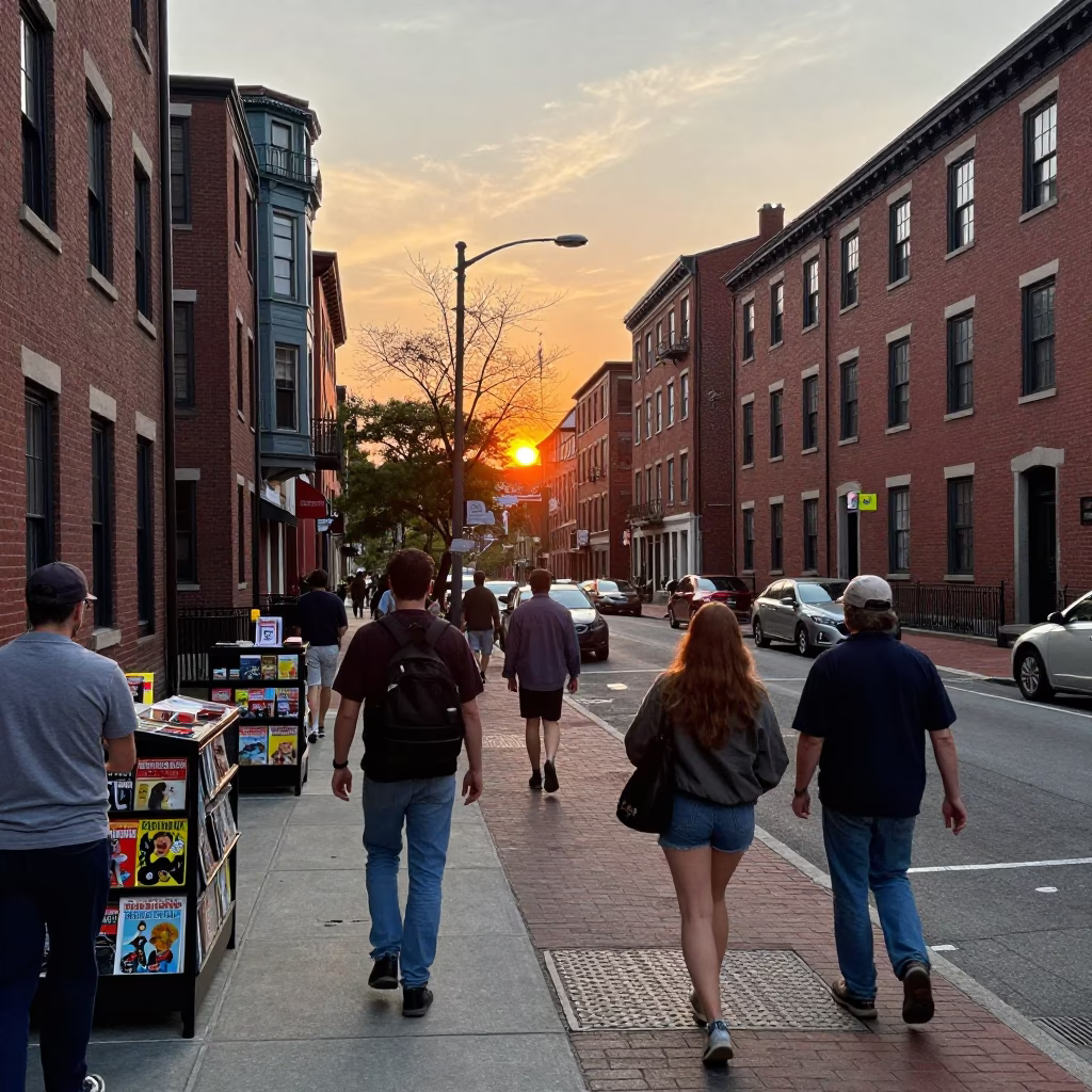 Busy Boston Street Scene at Sunset with Historic Brick Architecture and Pedestrians in in Boston, Massachusetts, United States