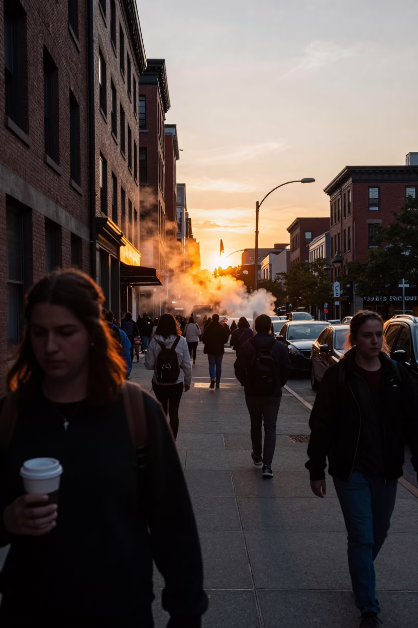 Busy Boston Street Scene at Sunset with Steam Rising from Coffee Cup in in Boston, Massachusetts, United States