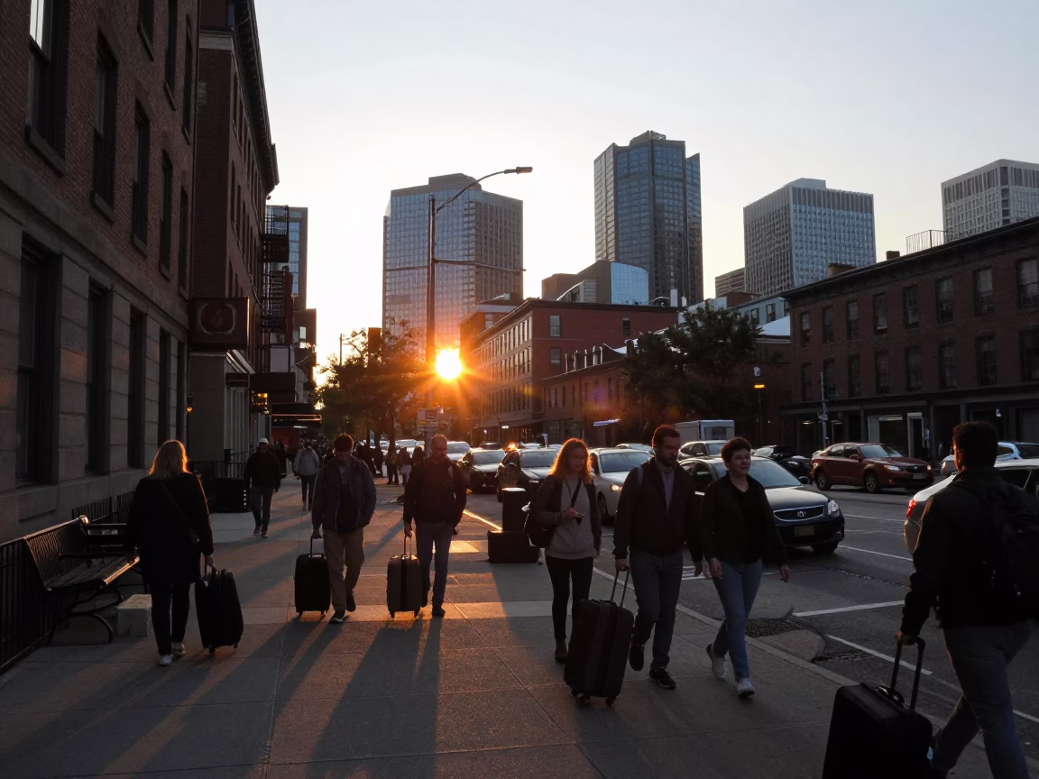 Busy Boston Street Scene at Sunset with Suitcases and Local Activity in in Boston, Massachusetts, United States