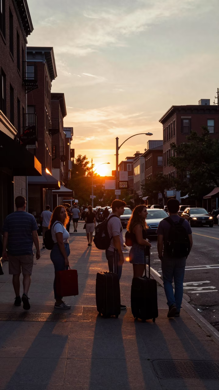 Busy Boston Street Scene at Sunset with Suitcases Near Historic Brick Buildings in in Boston, Massachusetts, United States