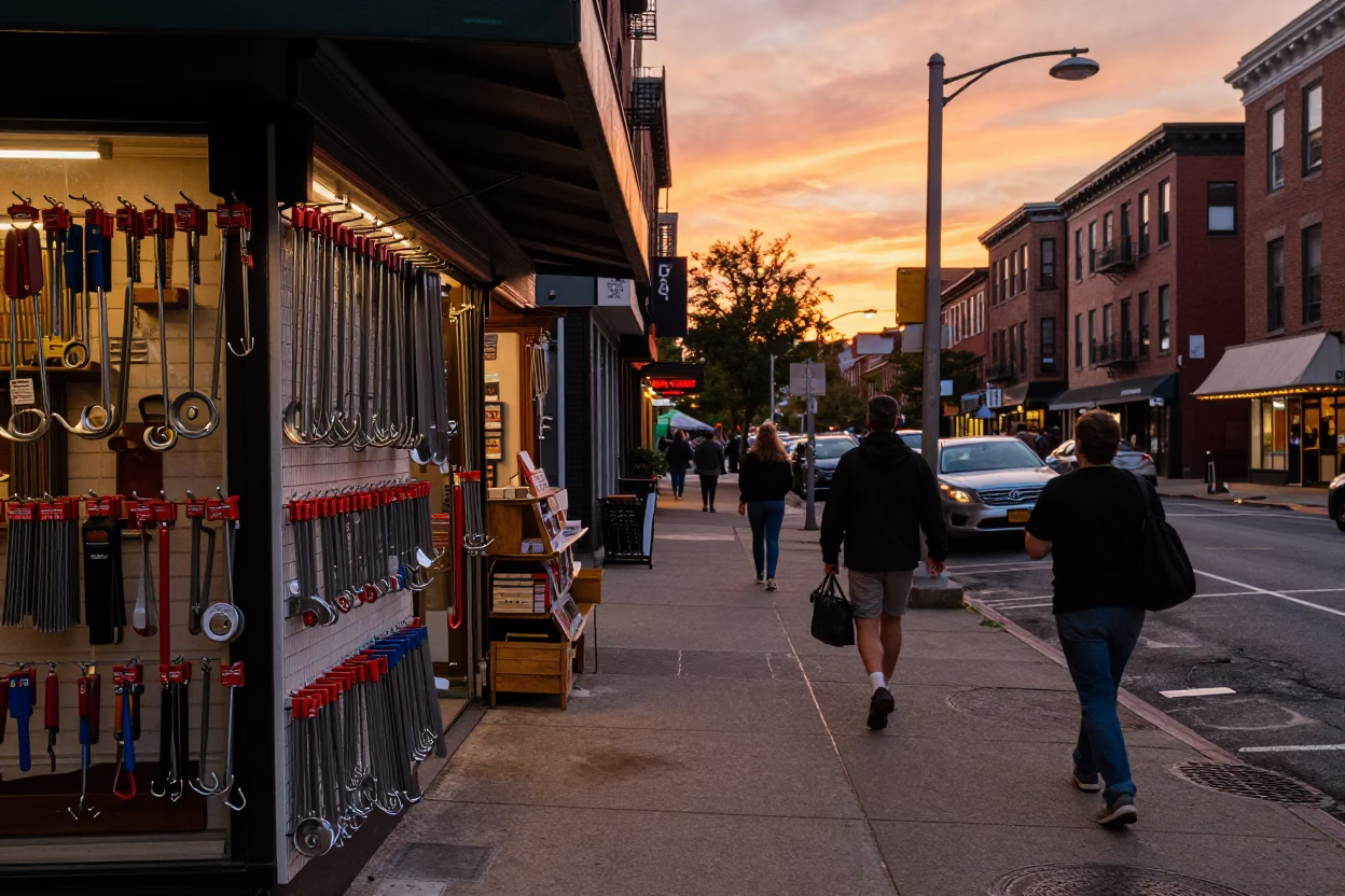 Busy Boston Street Scene at Sunset with Tool Hooks and Glass Stool in in Boston, Massachusetts, United States