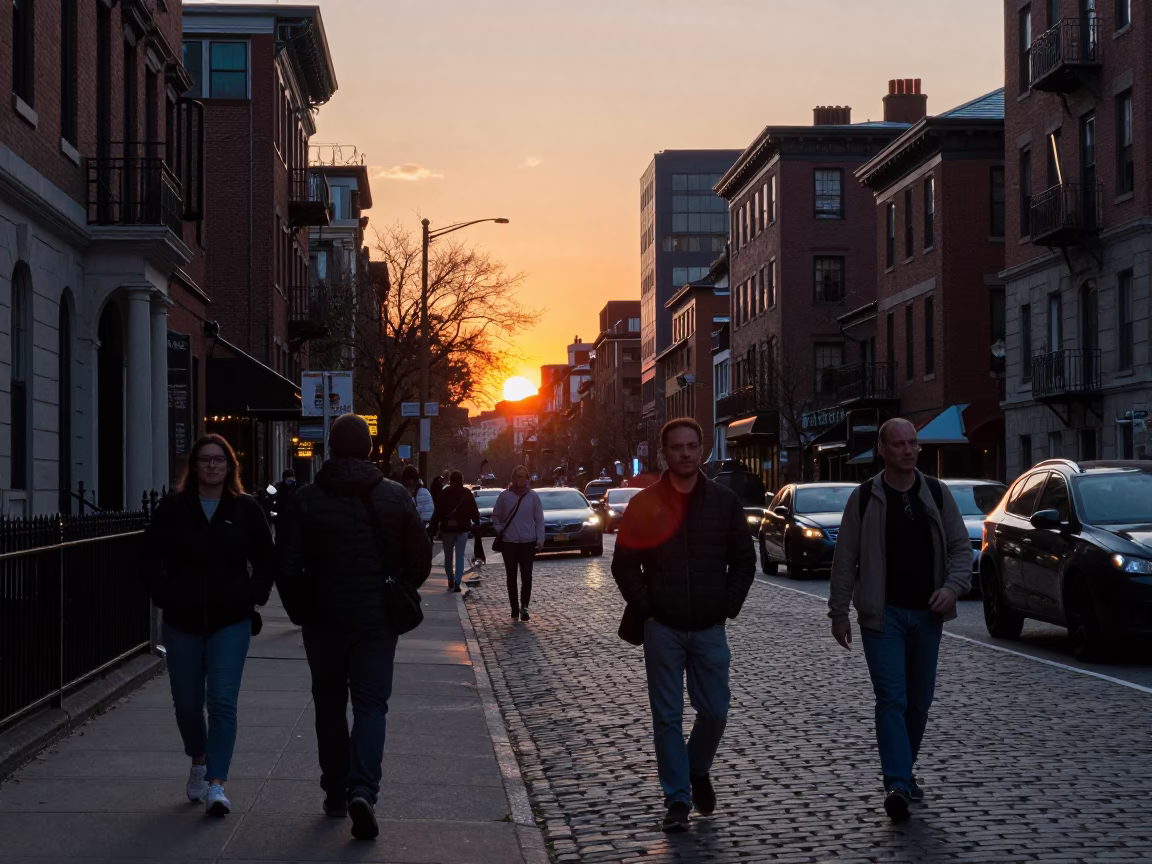 Busy Boston Street Scene at Sunset with Tourists and City Skyline in in Boston, Massachusetts, United States