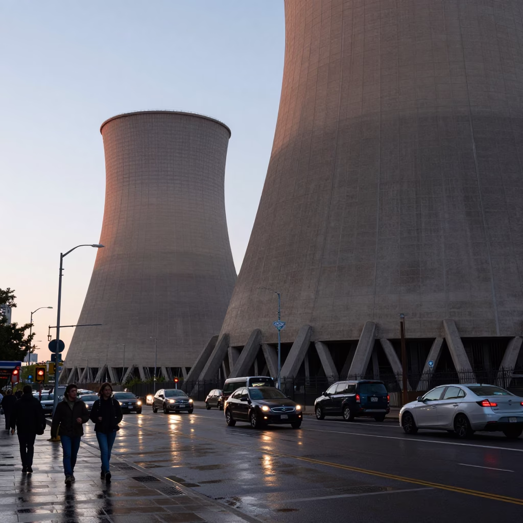 Busy Boston Street Scene Before Sunrise with Dam Powerhouse and Urban Details in in Boston, Massachusetts, United States
