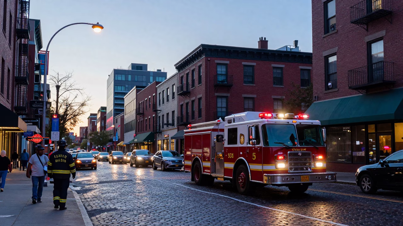 Busy Boston Street Scene Before Sunrise with Fire Engine and Vintage Cars in in Boston, Massachusetts, United States