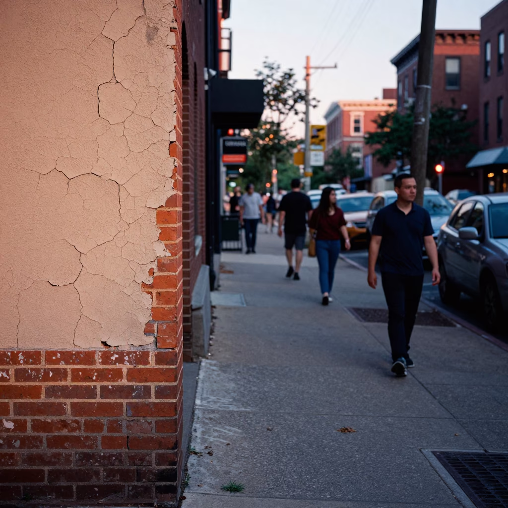 Busy Boston Street Scene Early Afternoon with Cracked Stucco and Coffee Mugs in in Boston, Massachusetts, United States