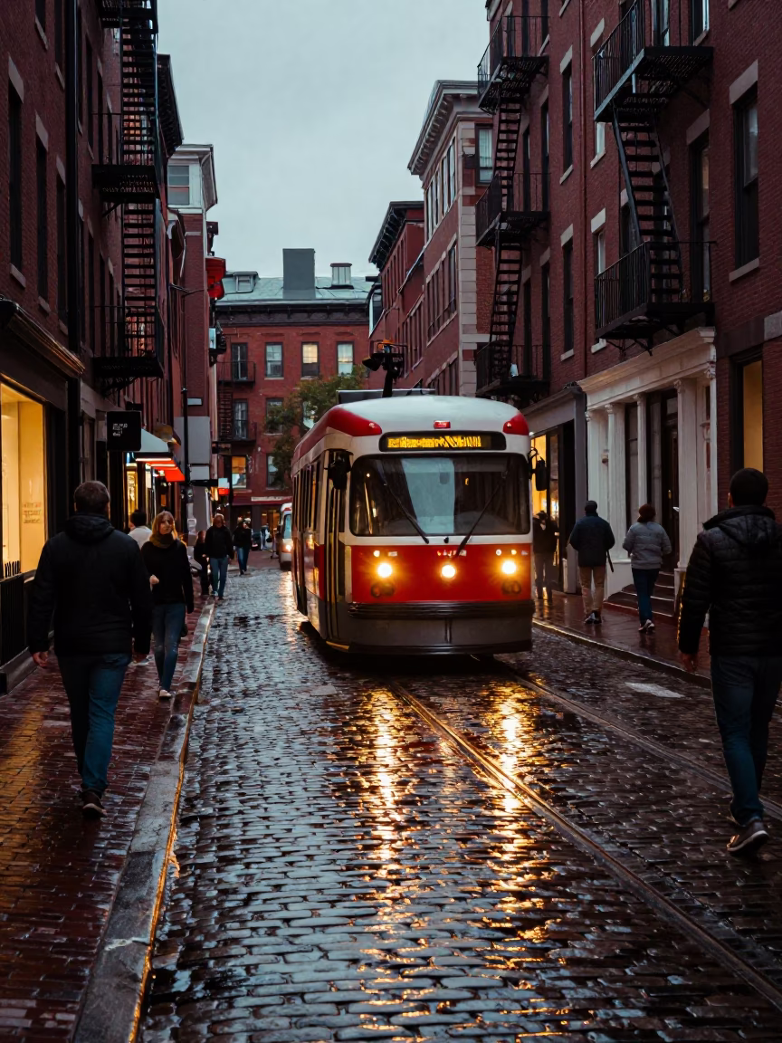 Busy Boston Street Scene Early Evening with Tramcar Reflection on Cobblestones in in Boston, Massachusetts, United States