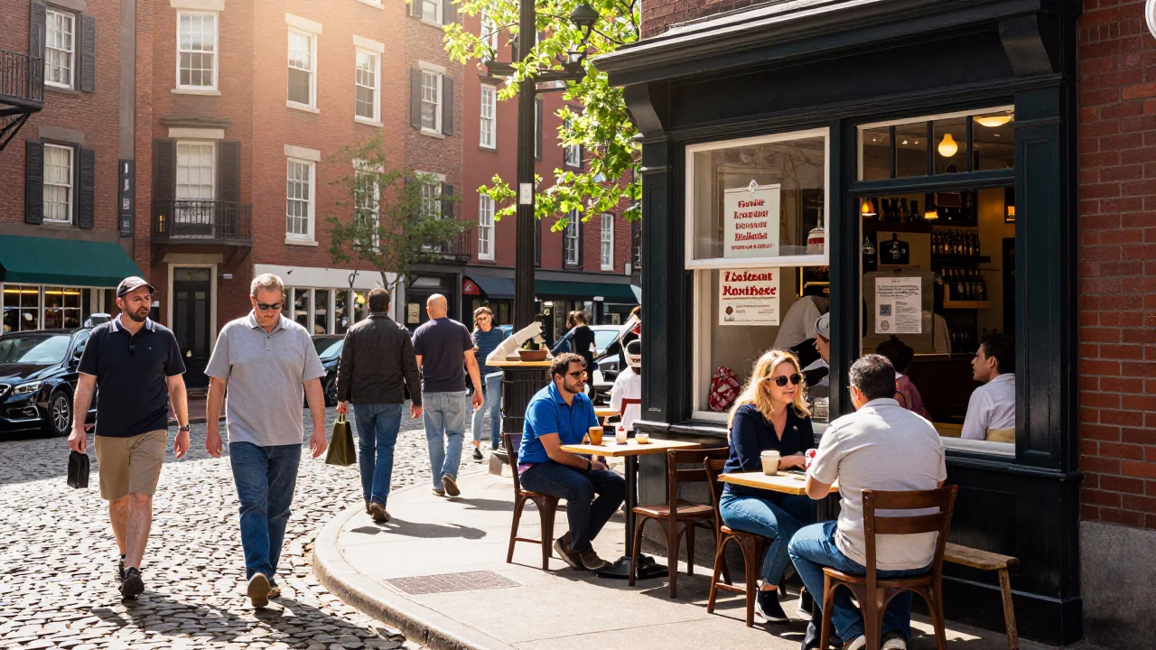 Busy Boston Street Scene in Bright Midmorning Light with Local Shop Display in in Boston, Massachusetts, United States