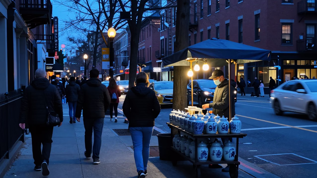 Busy Boston Street Scene in Evening Blue Light with Porcelain Jars and Notebook in in Boston, Massachusetts, United States